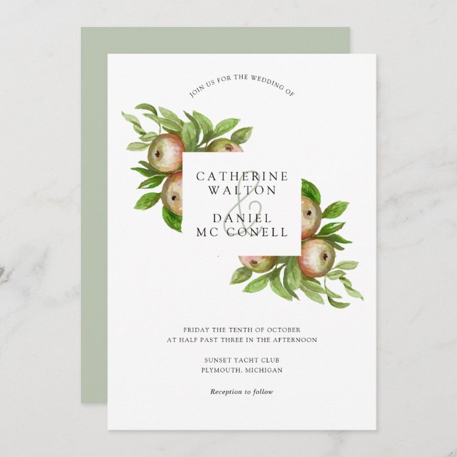Invitación Boda de manzanas acuarelas (Anverso / Reverso)