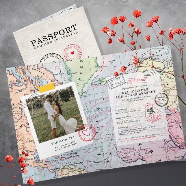 Invitación Boda de mapa de destino de Beige Passport (Subido por el creador)