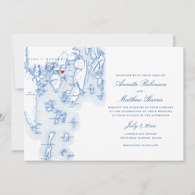 Invitación Boda de Mapa de la Marina Maine de Linekin Bay Res (Anverso)