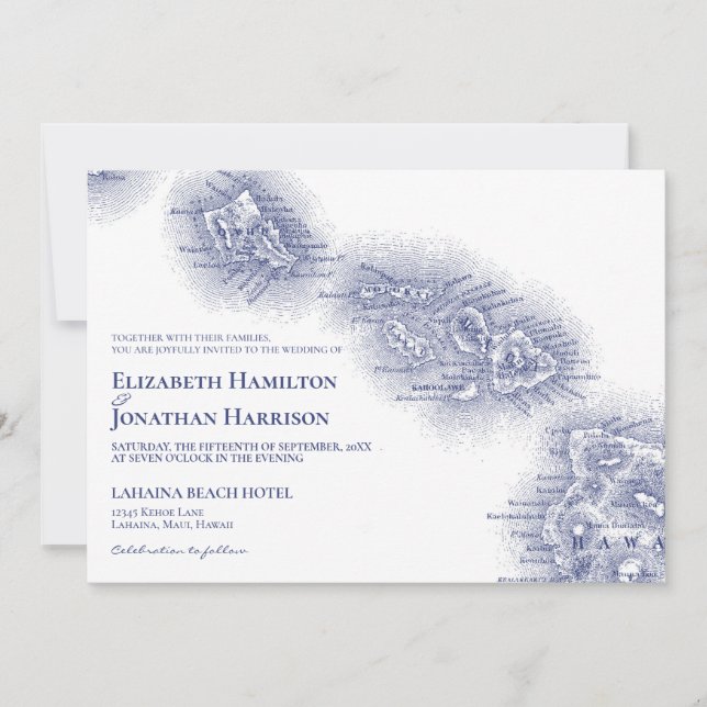 Invitación Boda de mapas de Hawái azul de la Marina (Anverso)