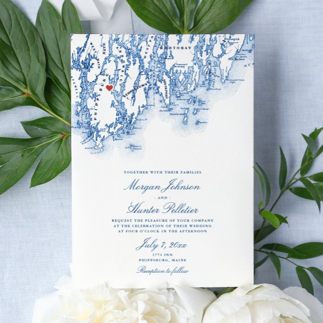 Invitación Boda de mapas de la marina elegante de Maine en Fi (Elegant nautical destination wedding invitation for your wedding at the 1774 Inn in Phippsburg Maine)