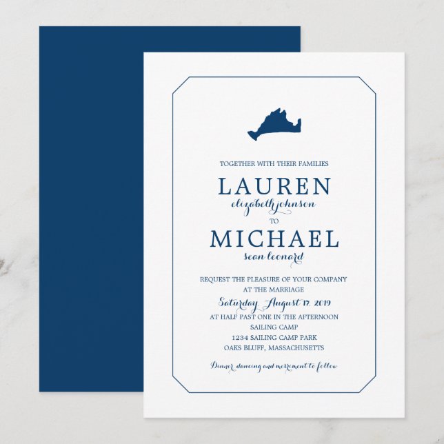 Invitación Boda de mapas de viñedos de marthas azul de la mar (Anverso / Reverso)