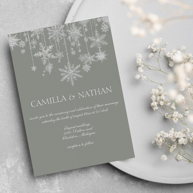 Invitación Boda de maravilla de copo de nieve gris rubor plat (Blush gray silver snowflake wonderland Wedding)