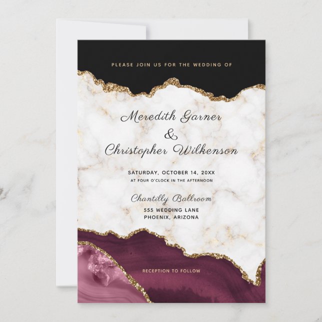 Invitación Boda de Marble Gold Burgundy Agate (Anverso)
