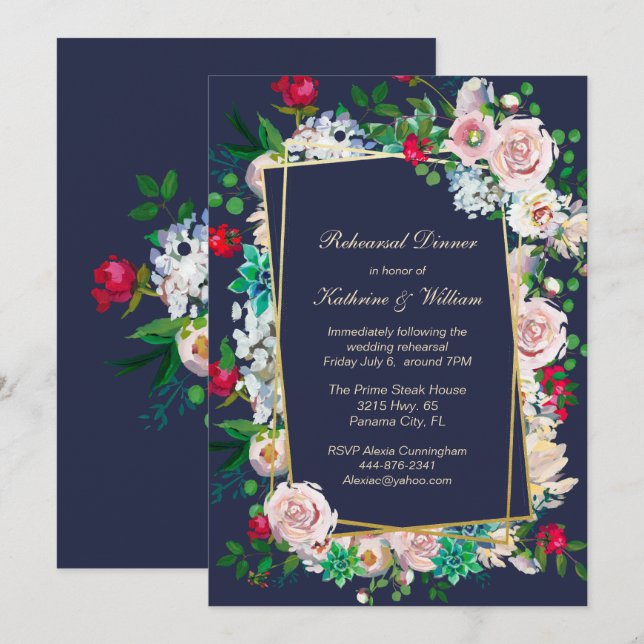 Invitación Boda de marco azul y floral Ensayo de cena (Anverso / Reverso)