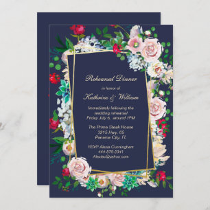 Invitación Boda de marco azul y floral Ensayo de cena
