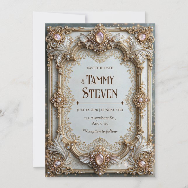 Invitación Boda de Marco Barroco Dorado Perla Rubor (Anverso)
