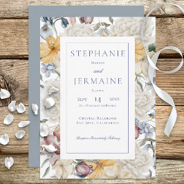 Invitación Boda de marco blanco amarillo con flor azul y blan