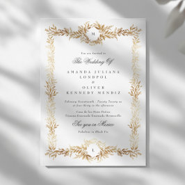 Invitación boda de marco botánico de oro de monograma doble