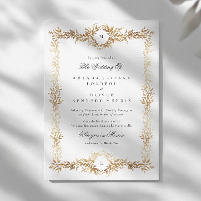 Invitación boda de marco botánico de oro de monograma doble (Subido por el creador)