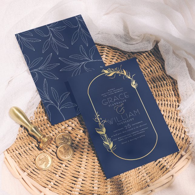 Invitación Boda de marco botánico elegante Navy Blue & Gold (Subido por el creador)