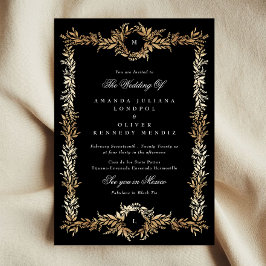 Invitación boda de marco botánico monograma negro y dorado