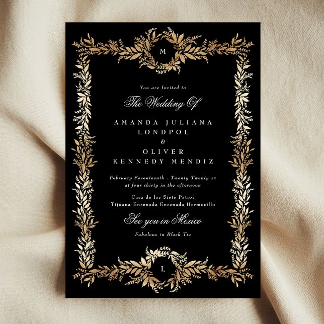Invitación boda de marco botánico monograma negro y dorado (Subido por el creador)