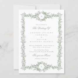 Invitación boda de marco botánico verde doble en monograma
