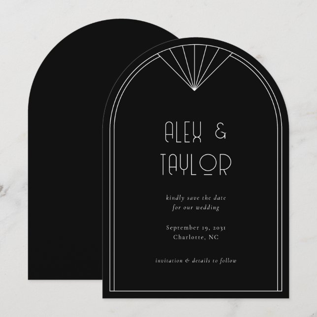 Invitación Boda de marco de arco de estilo Art Deco negro sal (Anverso / Reverso)