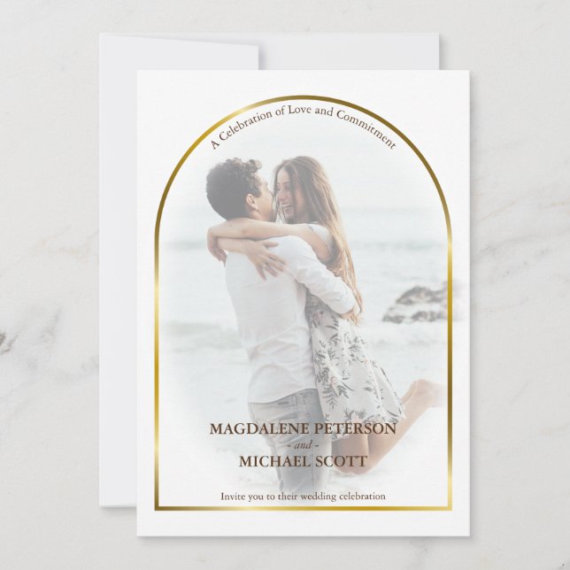 Invitación Boda de marco de arco de oro fotográfico personal (Anverso)