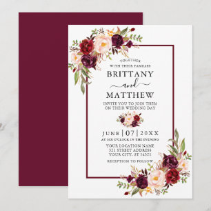 Invitación Boda de marco de color de agua floral borgoña