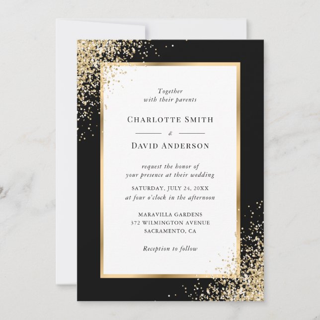 Invitación Boda de marco de confetti de oro negro (Anverso)
