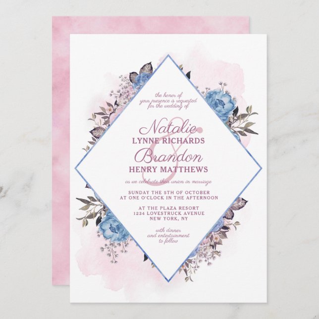 Invitación Boda de marco de diamante azul y rosa de encanto p (Anverso / Reverso)