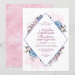 Invitación Boda de marco de diamante azul y rosa de encanto p