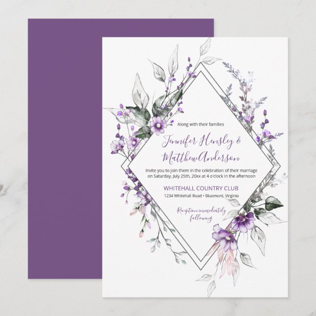 Invitación Boda de marco de diamante morado y Rubor | (Anverso / Reverso)