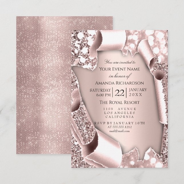 Invitación Boda de marco de efecto de Purpurina 3D rosa rosa (Anverso / Reverso)