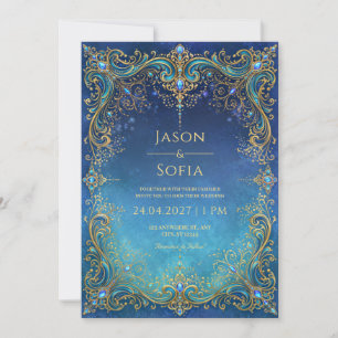 Invitación Boda de Marco de Filigrana Dorada Joya de Zafiro