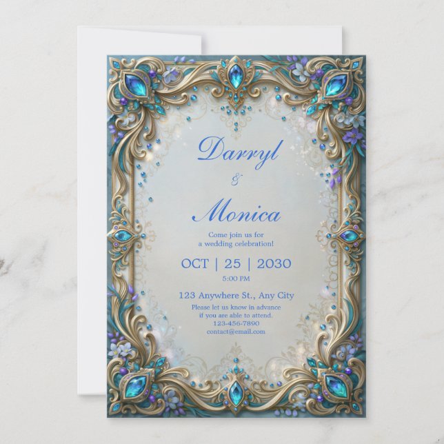 Invitación Boda de Marco de Filigrana Dorada Joya Teal (Anverso)