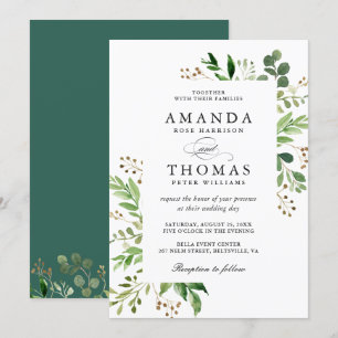 Invitación Boda de marco de fusión de hojas verdes modernas