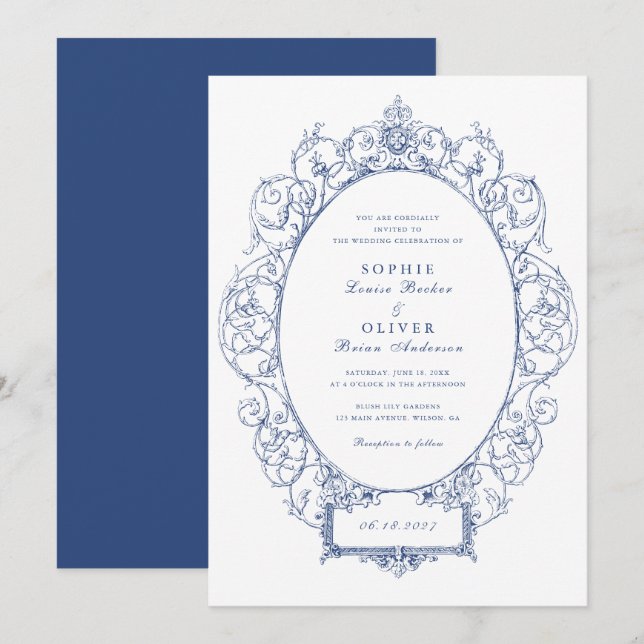 Invitación Boda de marco de hoja floral con ornamento elegant (Anverso / Reverso)