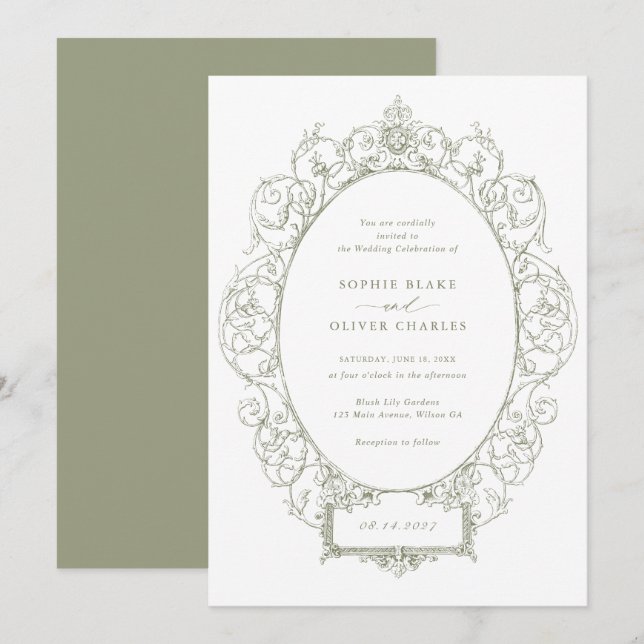 Invitación Boda de marco de hoja floral con ornamento elegant (Anverso / Reverso)