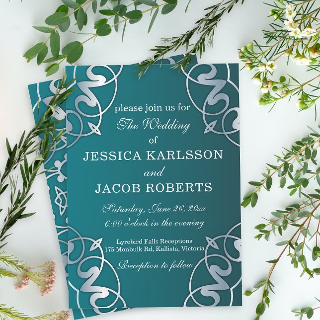 Invitación Boda de marco de lujo Silver y Verde azulado Filig (Subido por el creador)