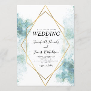 Invitación boda de marco de oro geométrico de color azul