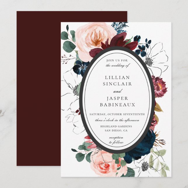 Invitación Boda de marco de ovalación floral de la Marina de  (Anverso / Reverso)
