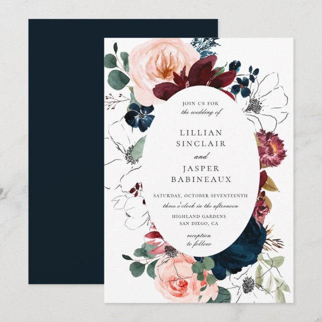 Invitación Boda de marco de ovalación floral de la Marina de  (Anverso / Reverso)