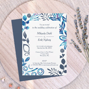 Invitación Boda de Marco de Patrón Floral Azul y Gris Azulado
