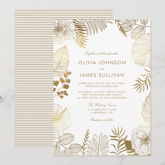 Invitación Boda de marco de plantas tropicales de Relieve met (Anverso / Reverso)