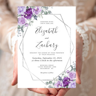 Invitación Boda de Marco de Plata Floral Acuarela Púrpura