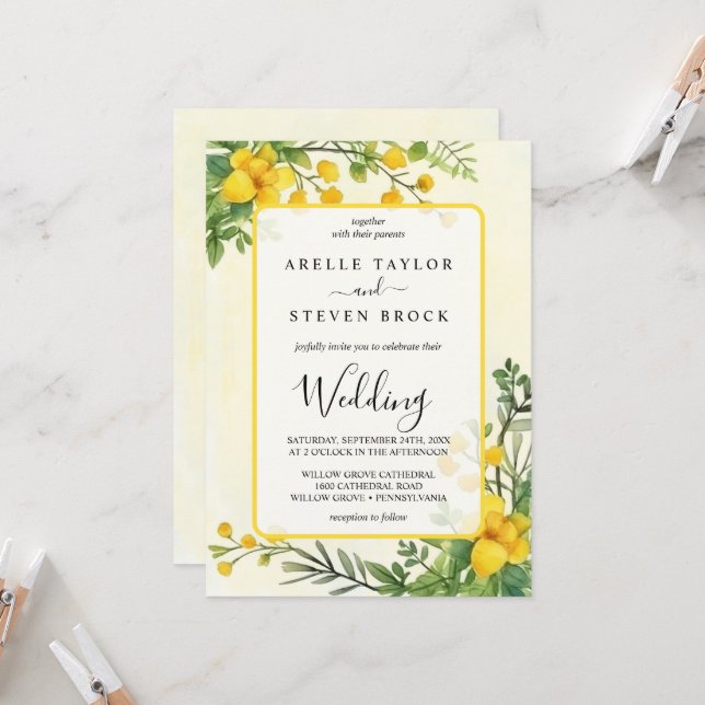 Invitación Boda de marco de transparencia de flores amarillas (Anverso/Reverso In Situ)