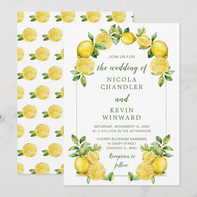 Invitación Boda de marco de vegetación de limón italiano (Anverso / Reverso)