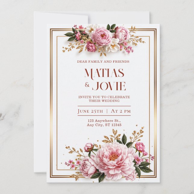 Invitación Boda de Marco Doble Dorado Peonía Rosada (Anverso)