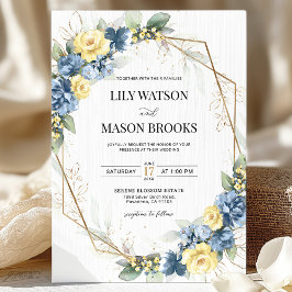 Invitación Boda de marco dorado con flores azul y amarillo tu