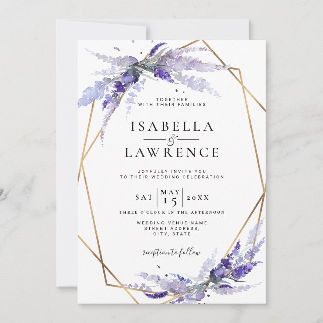 Invitación Boda de marco dorado con flores Dusty Purple Laven (Anverso)