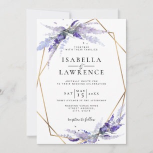 Invitación Boda de marco dorado con flores Dusty Purple Laven