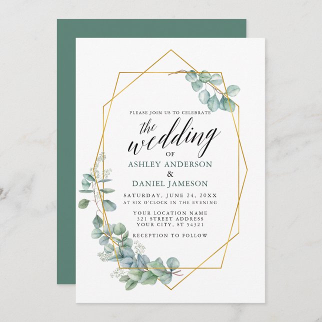 Invitación Boda de marco dorado de caligrafía Eucalyptus Gree (Anverso / Reverso)