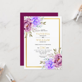 Invitación Boda de marco dorado de flores color morado