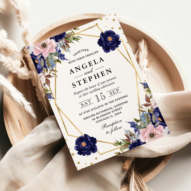 Invitación Boda de marco dorado de flores de verano de marina (Subido por el creador)