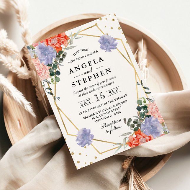 Invitación Boda de marco dorado de flores naranja y púrpura e (Subido por el creador)