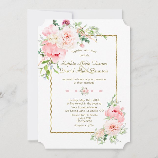 Invitación Boda de marco dorado de flores Rubor de primavera  (Anverso)