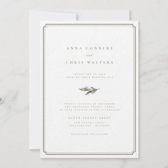 Invitación Boda de marco dorado de hoja clásica (Anverso)